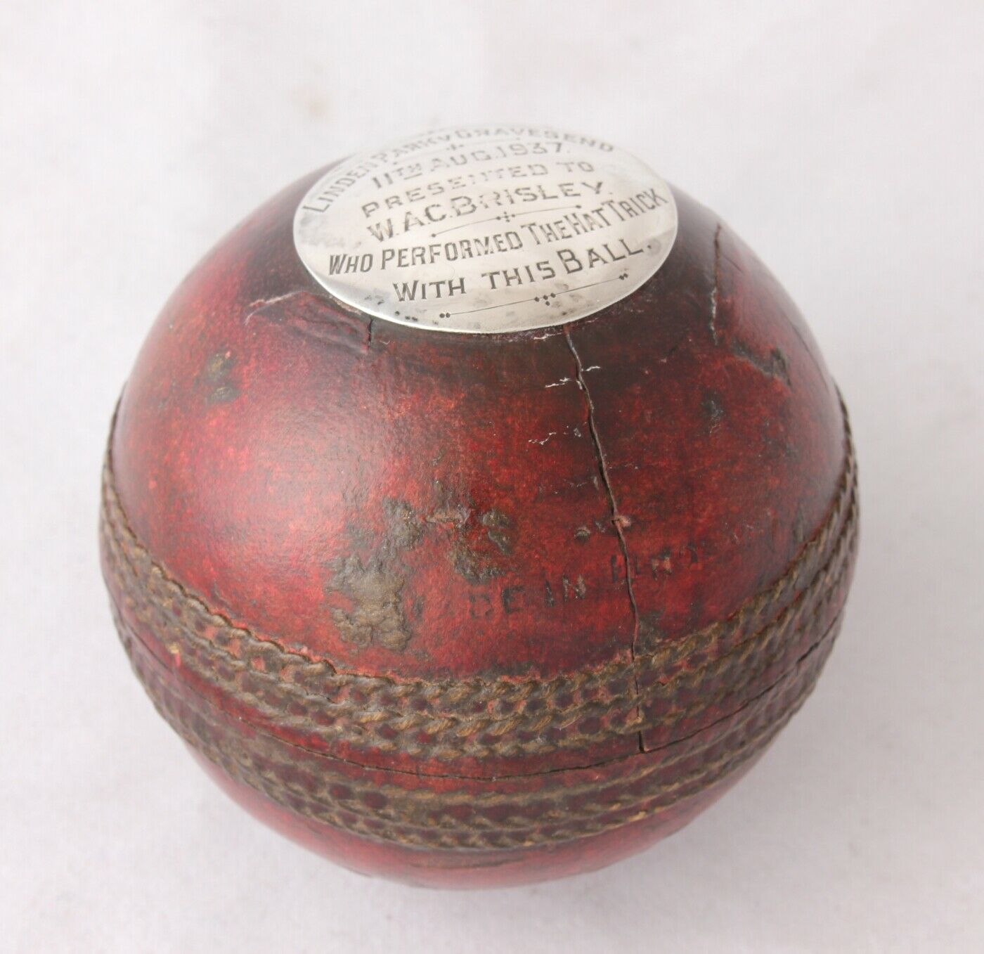 Silver Mounted Trophy Ball. Linden Park v Gravesend Cricket Club Hat