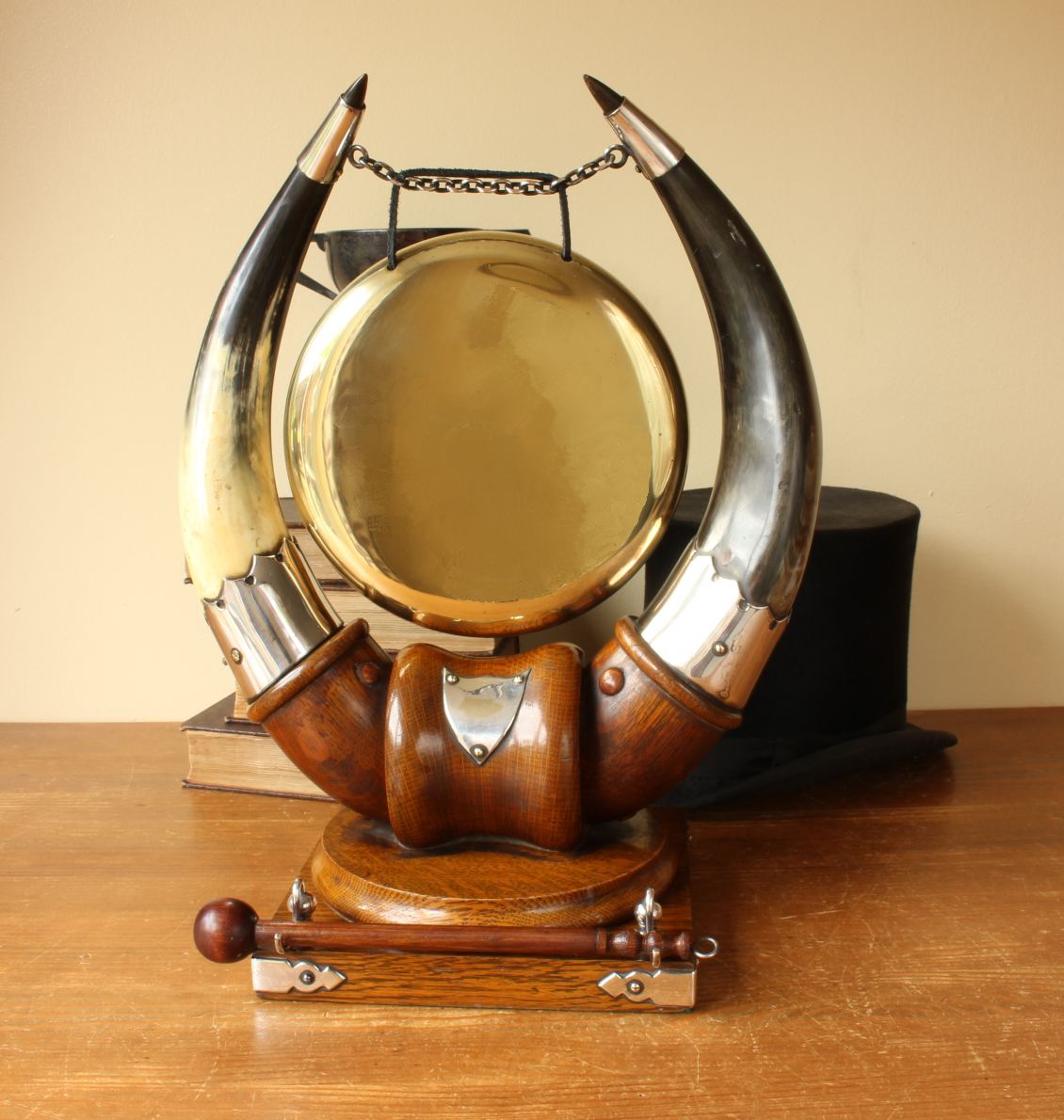Antique Dinner Gong. English Oak, Cattle Horn, Silver Plate & Brass.