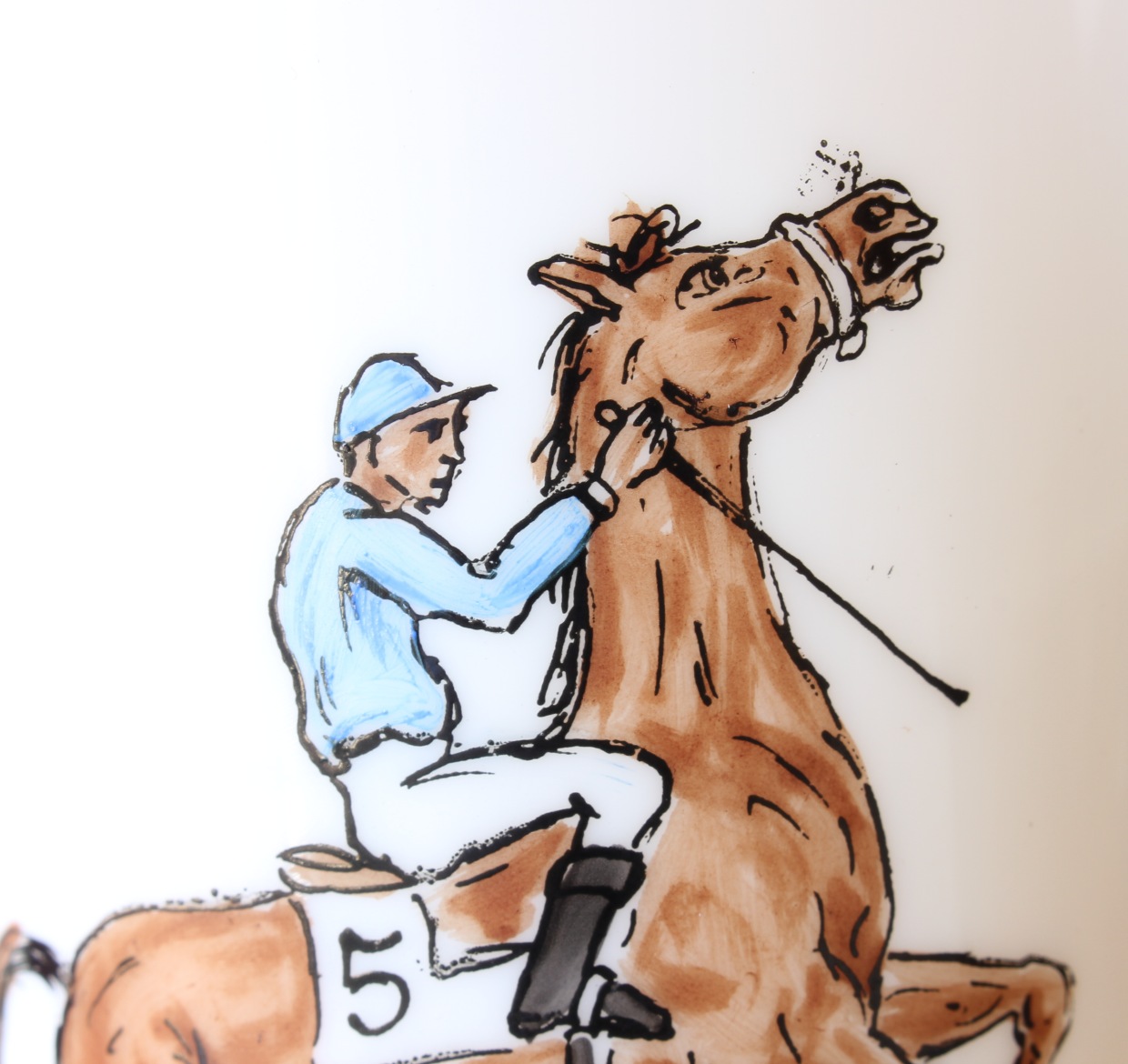 4 Vintage Hand Painted Opaline Horse Racing Jockey Beakers / Glasses.