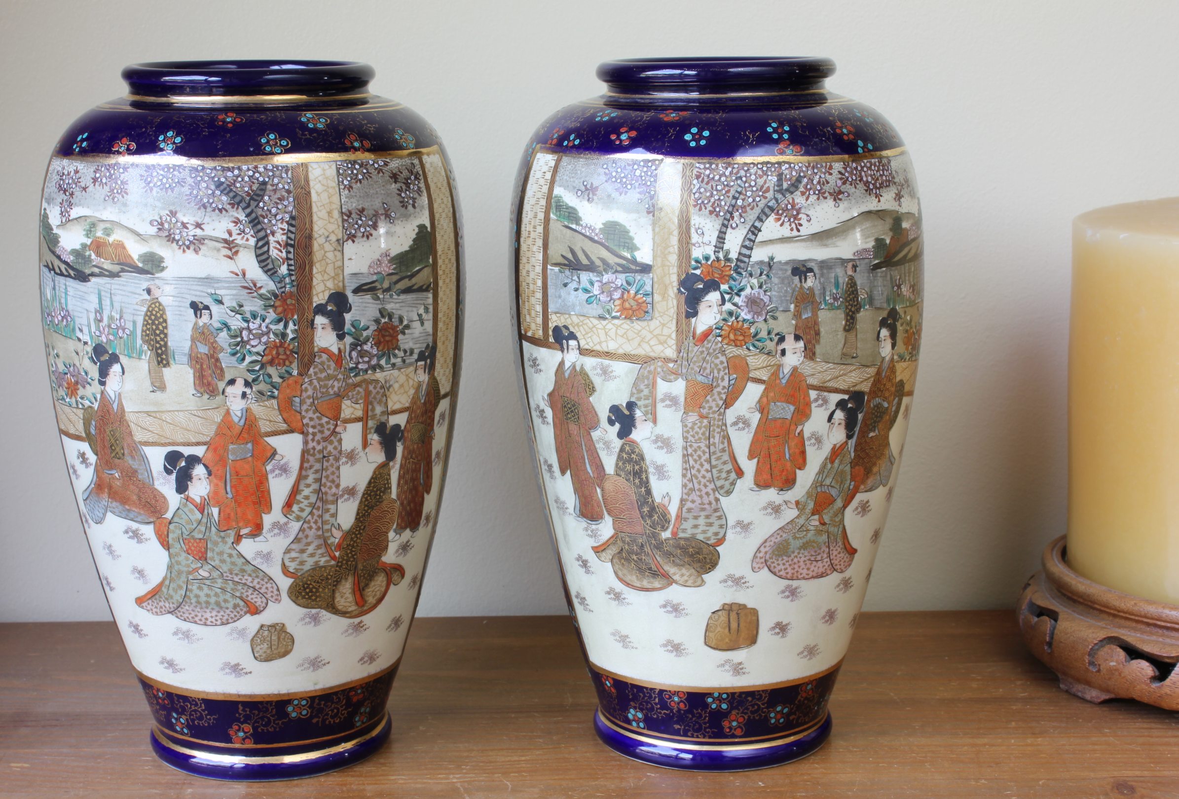 Pair of Japanese Hand Painted Kinkozan Satsuma Vases.