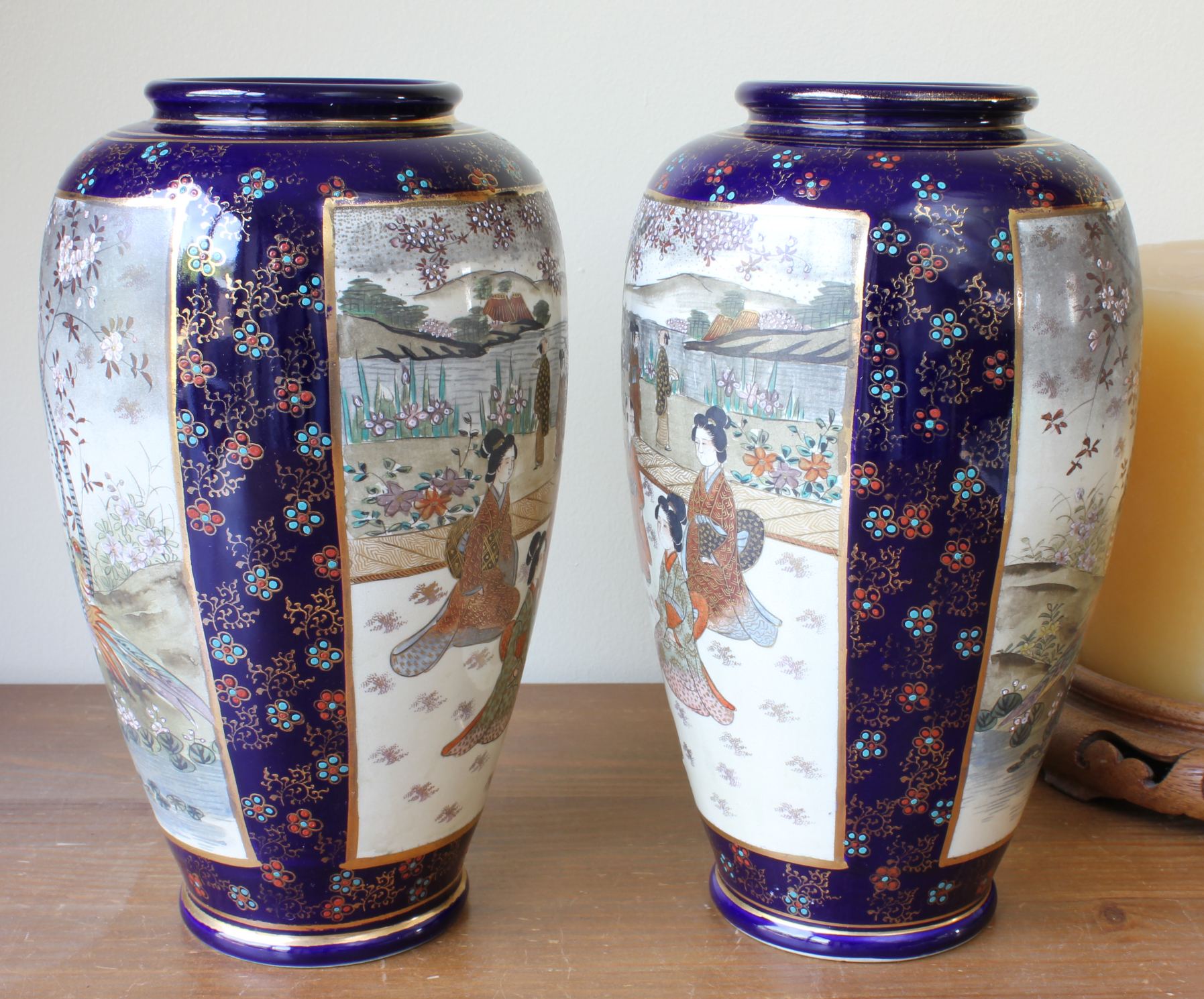 Pair of Japanese Hand Painted Kinkozan Satsuma Vases.