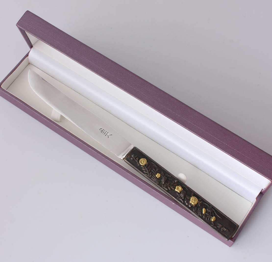 Kozuka Handled Floral Flower Letter Opener. Japanese Silver Gold. Meiji.