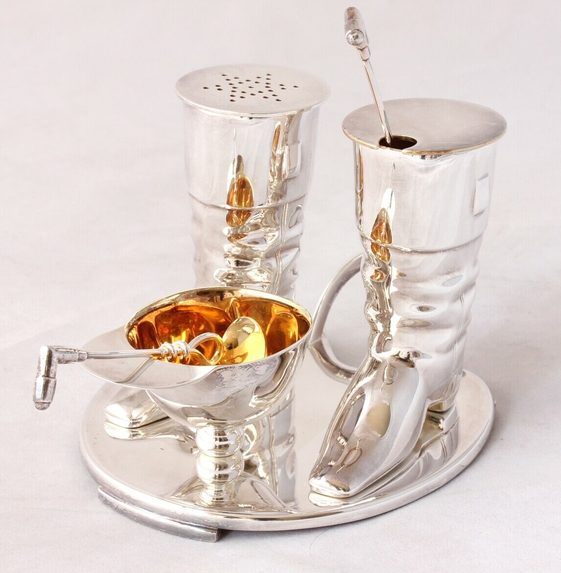 Silver Plated Equestrian Cruet Set. Jockey Cap, Horse Riding Boots, Crop.