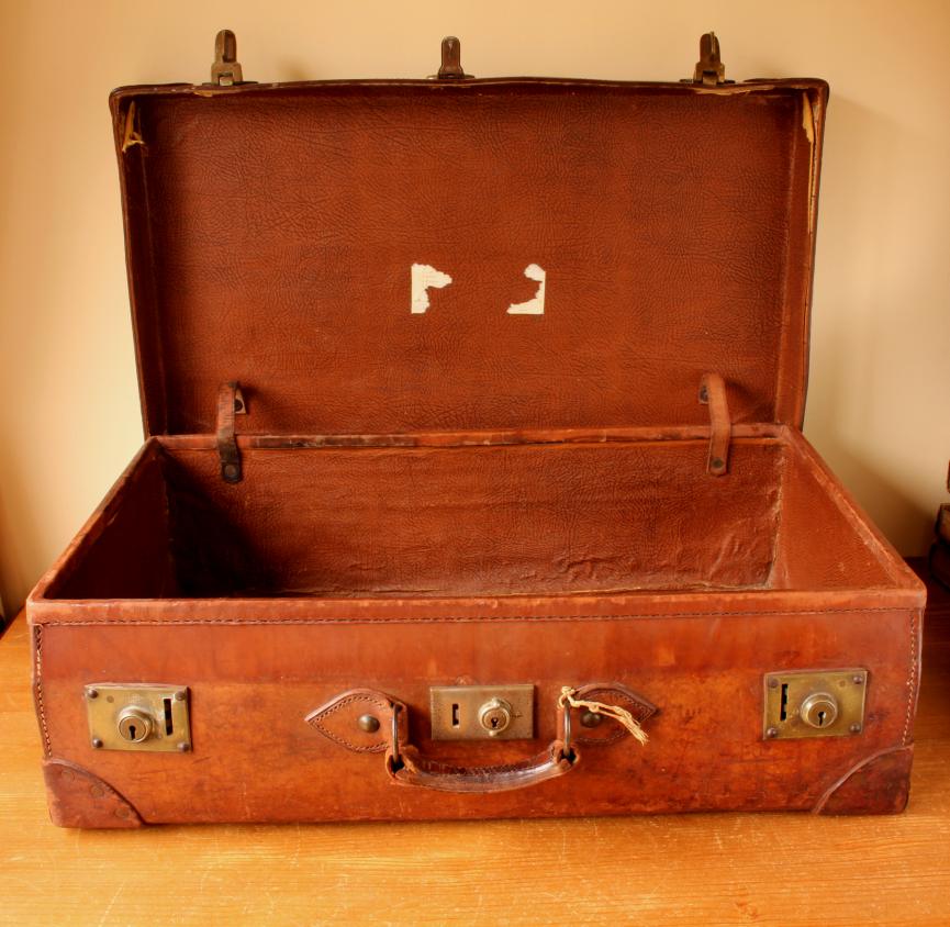 Large Brown Leather Suitcase. Vintage Travel Trunk Case for Home, Shop