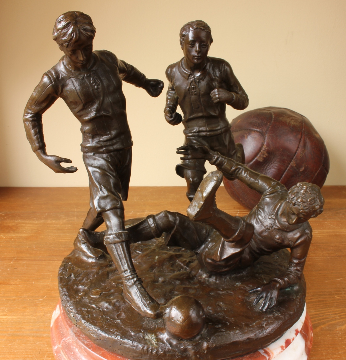 Large Bronze Football Statue. Figure Of Victorian Soccer Players.