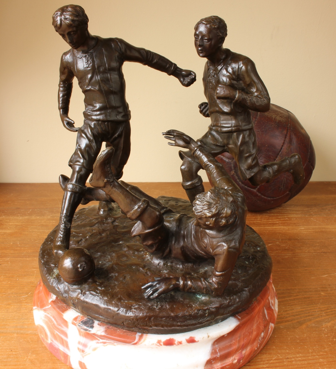 Large Bronze Football Statue. Figure Of Victorian Soccer Players.
