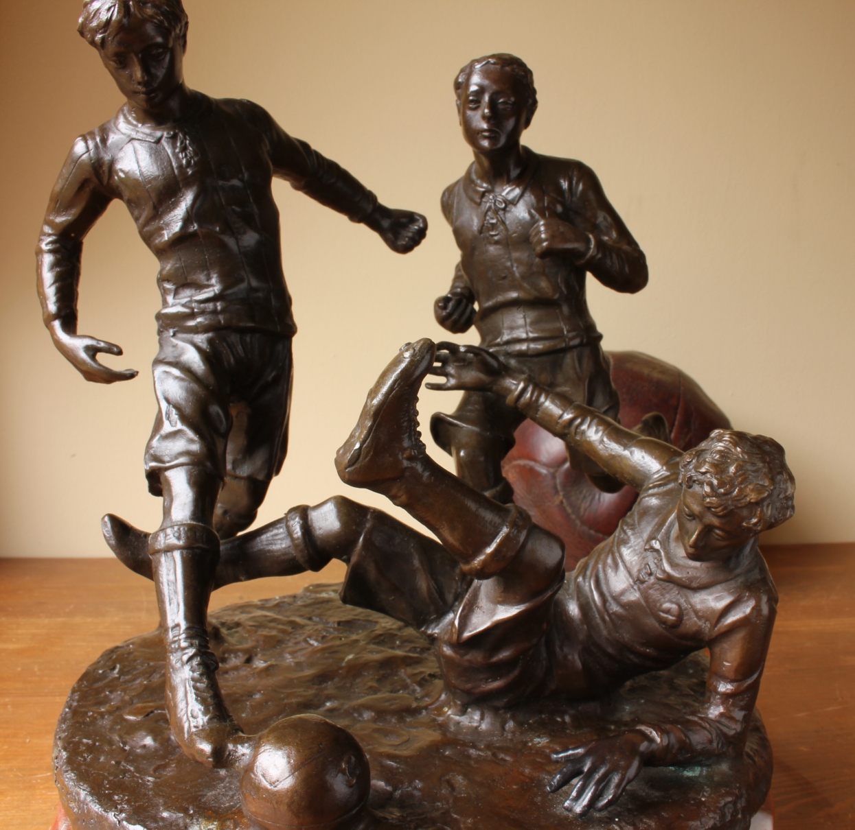 Large Bronze Football Statue. Figure Of Victorian Soccer Players.