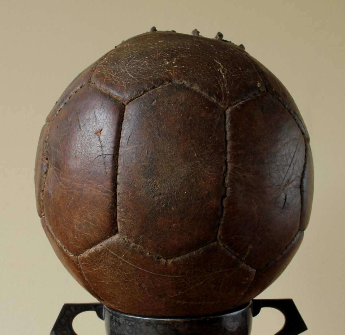 18 Panel Brown Leather Football. 6 Lace Hole Soccer Ball. c1940.