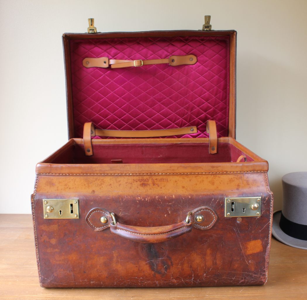Antique Leather Top Hat Box Case. Large Size Travel Trunk. N Smith