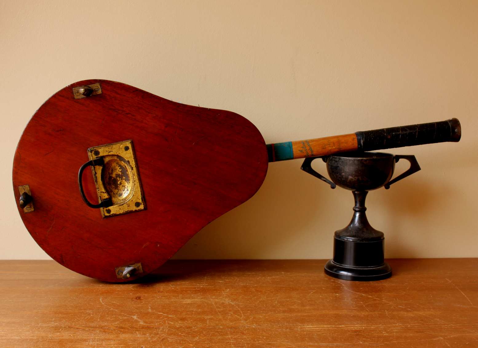 Mahogany and Brass Multi Tennis Racket Press. Three Racquet Clamp. c1900.
