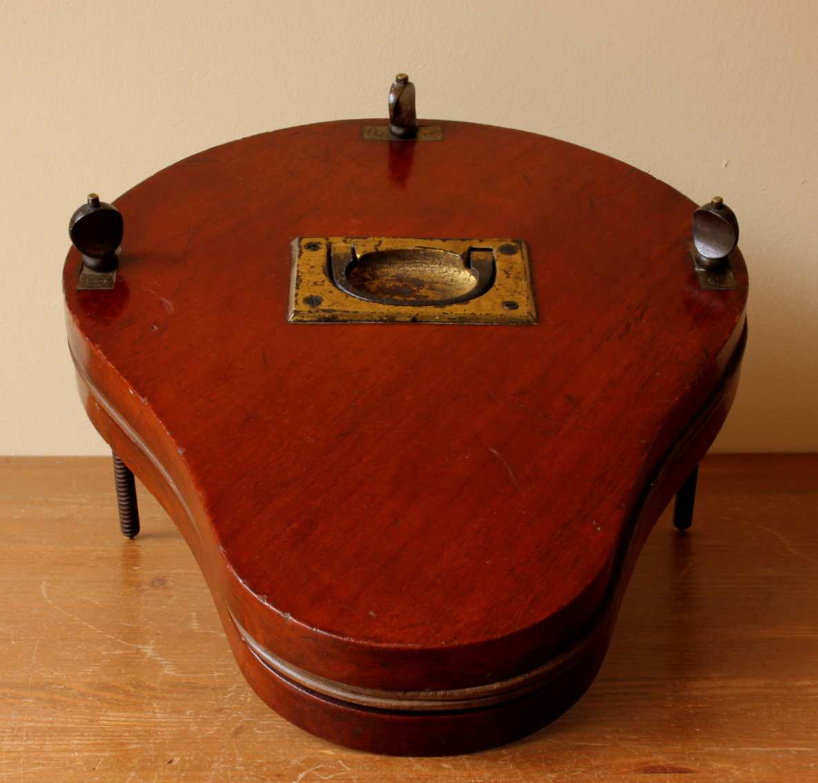 Mahogany and Brass Multi Tennis Racket Press. Three Racquet Clamp. c1900.