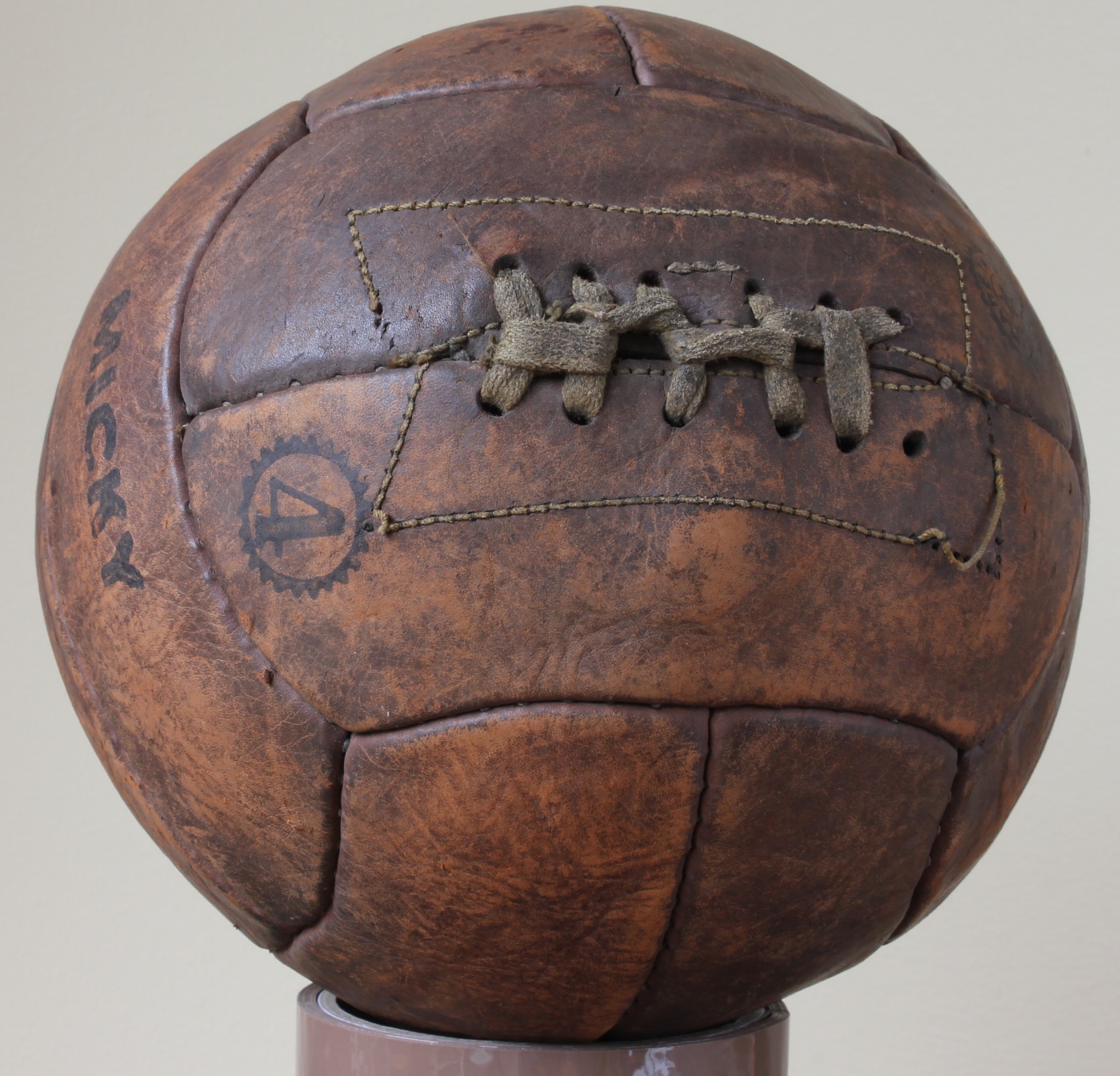 Vintage Leather Football 12 Panel Lace Up Old Soccer Ball Micky Size 4