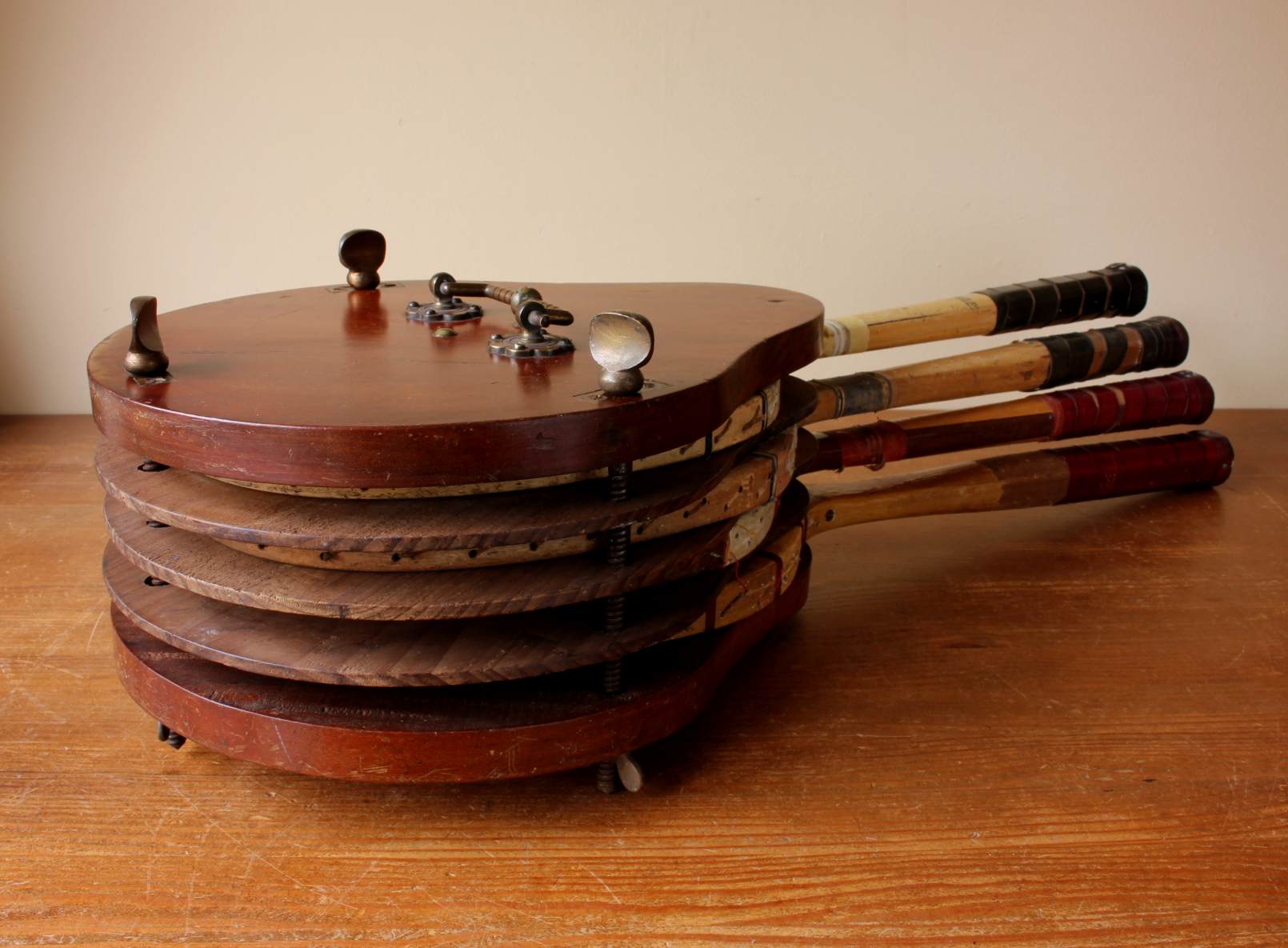 Wood & Brass Multi Tennis Racket Press. Racquet Clamp. c1900.