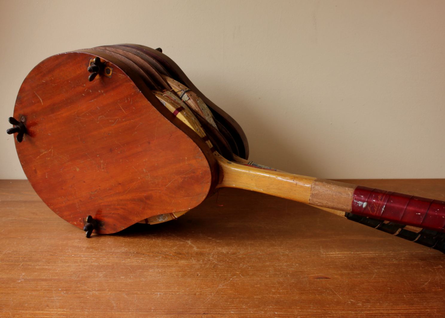 Wood & Brass Multi Tennis Racket Press. Racquet Clamp. c1900.