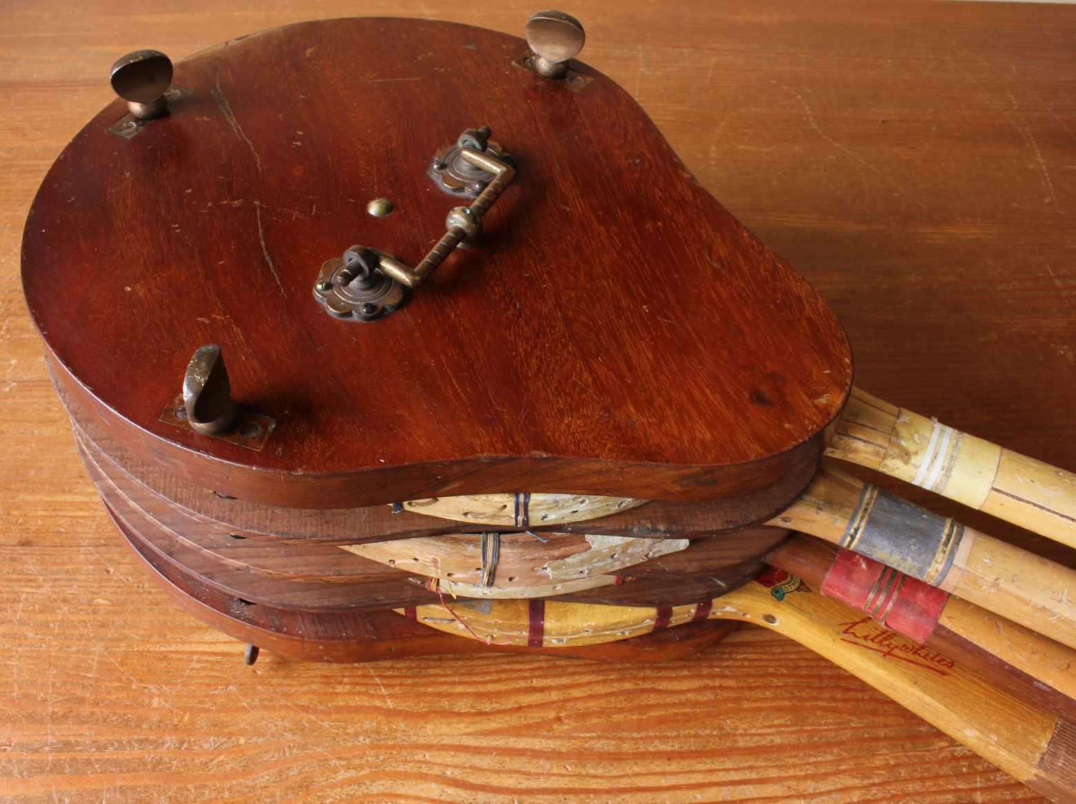 Wood & Brass Multi Tennis Racket Press. Racquet Clamp. c1900.