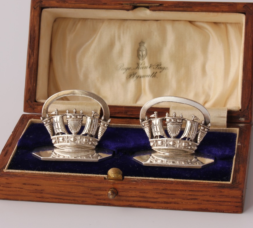 Pair Cased Silver Royal Naval Crown Menu / Picture Holders. JW Benson.
