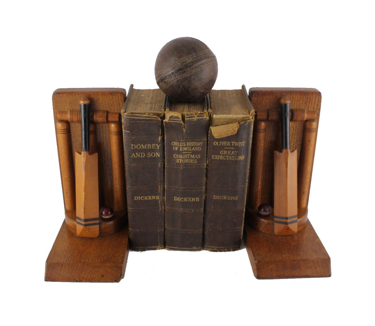 Pair Bat & Ball Cricket Bookends. Handmade Oak. ThorntonSmith Co. c1930.