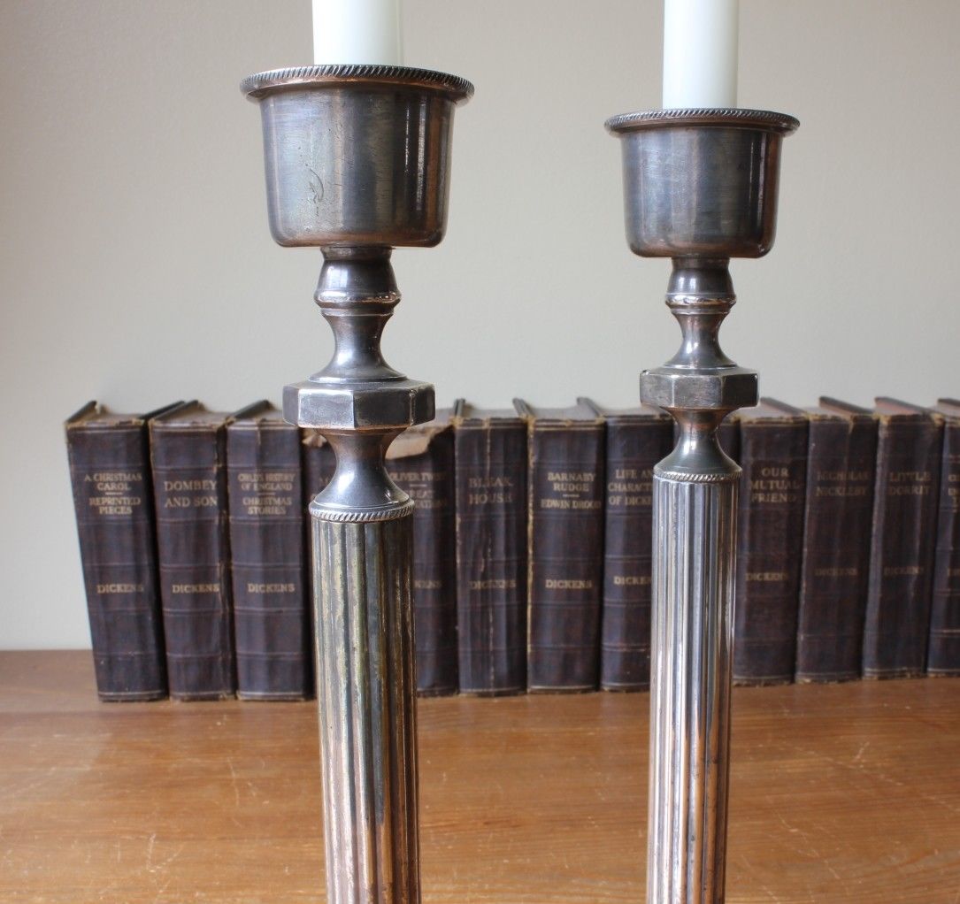 Silver Plated Tall Ribbed Column Candlesticks.