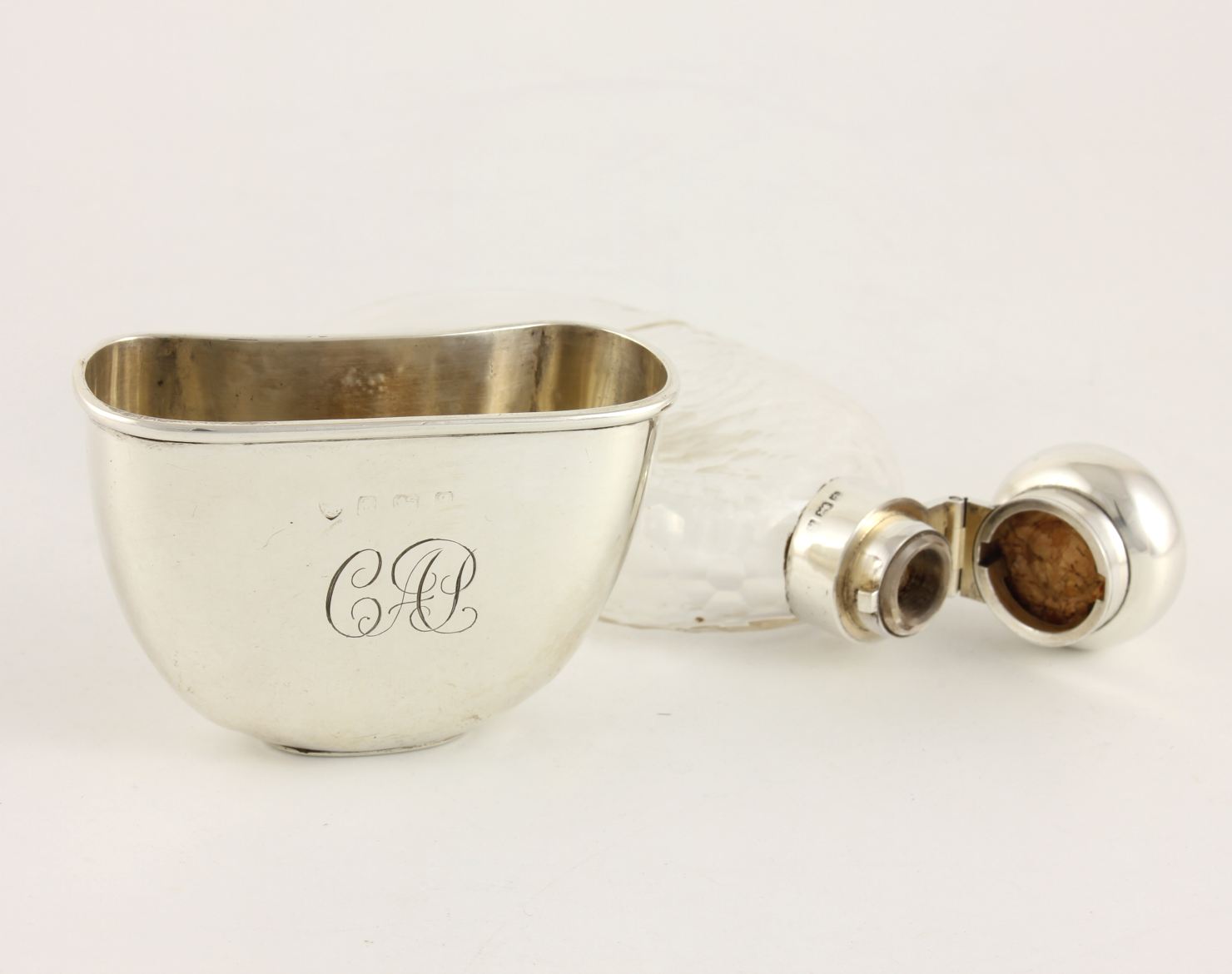 Antique Solid Silver & Textured Glass Spirit Whisky Hip Flask & Cup. 1906.
