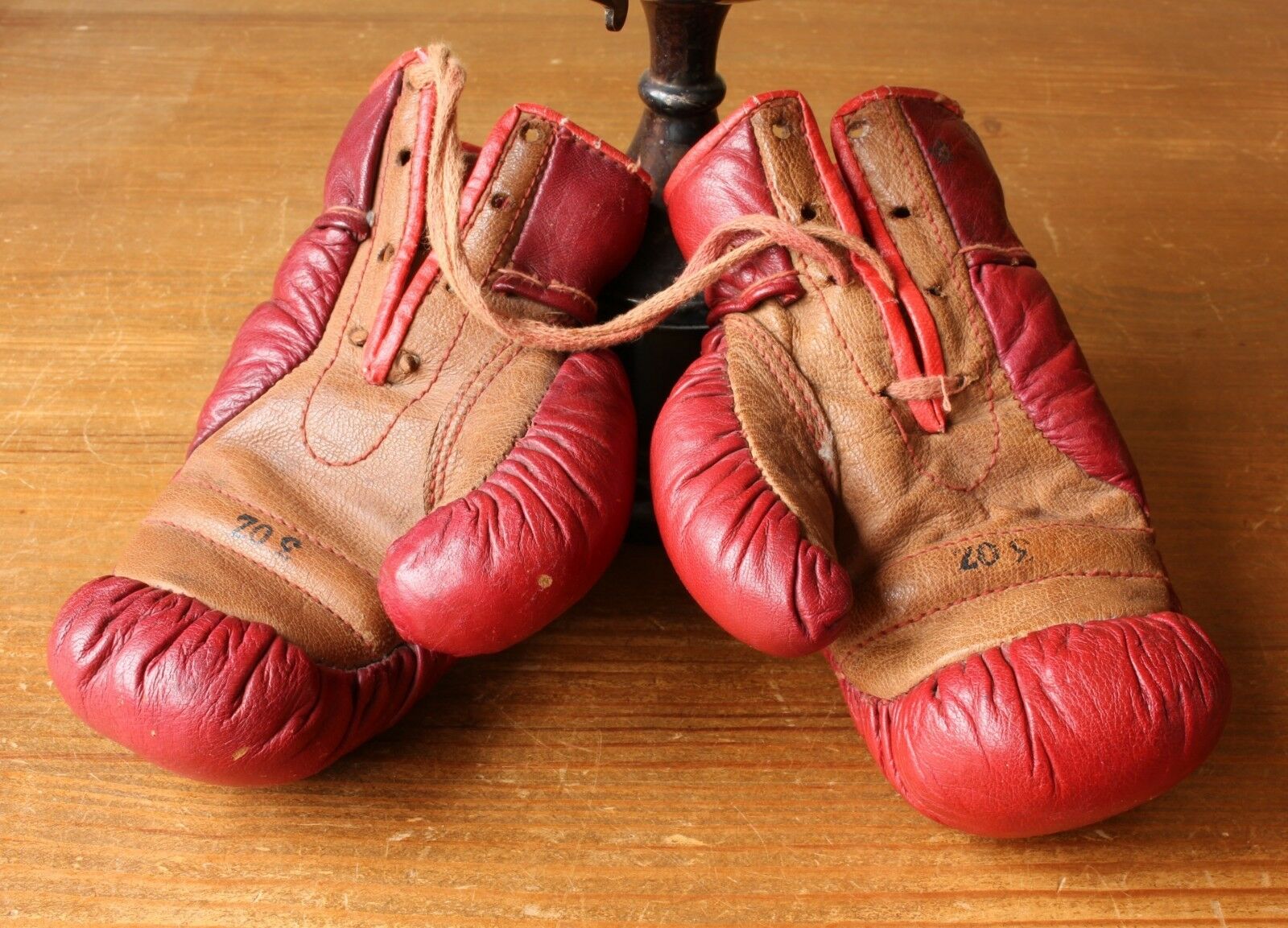 Small 1950's Leather 3oz Boxing Gloves. Red Tan Miniature Child Size.