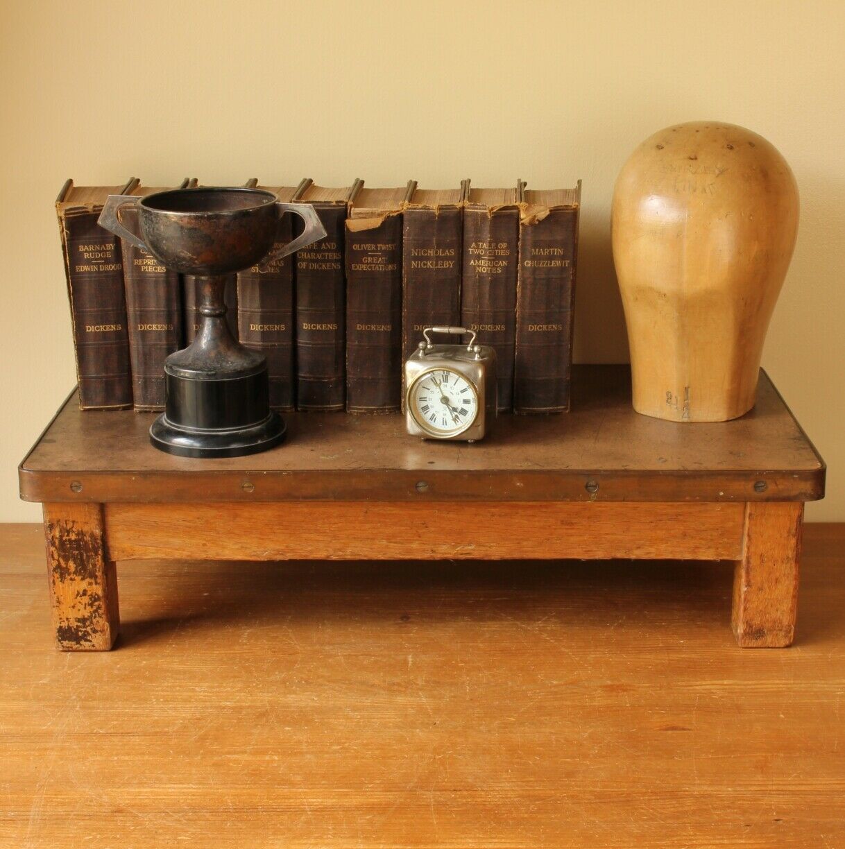 Oak & Brass Desk Top Riser. 1950s Staverton Industrial Factory Table ...