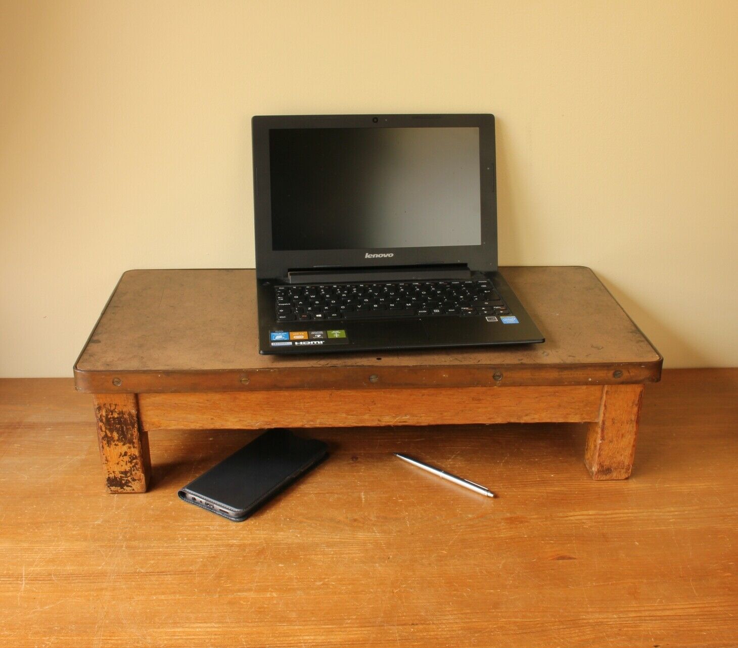 Oak & Brass Desk Top Riser. 1950s Staverton Industrial Factory Table ...