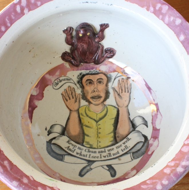 Antique Sunderland Lustre Frog Chamber Pot. Marriage Lustreware Potty