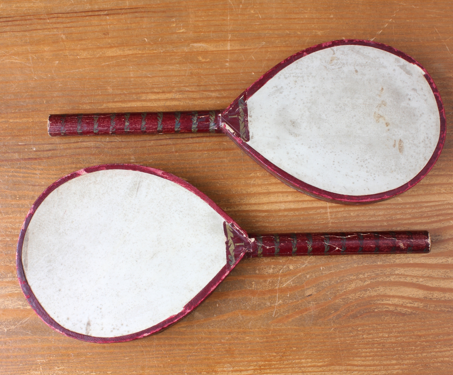Antique Ping Pong Table Tennis Bats Vellum Gossima Paddles c1900