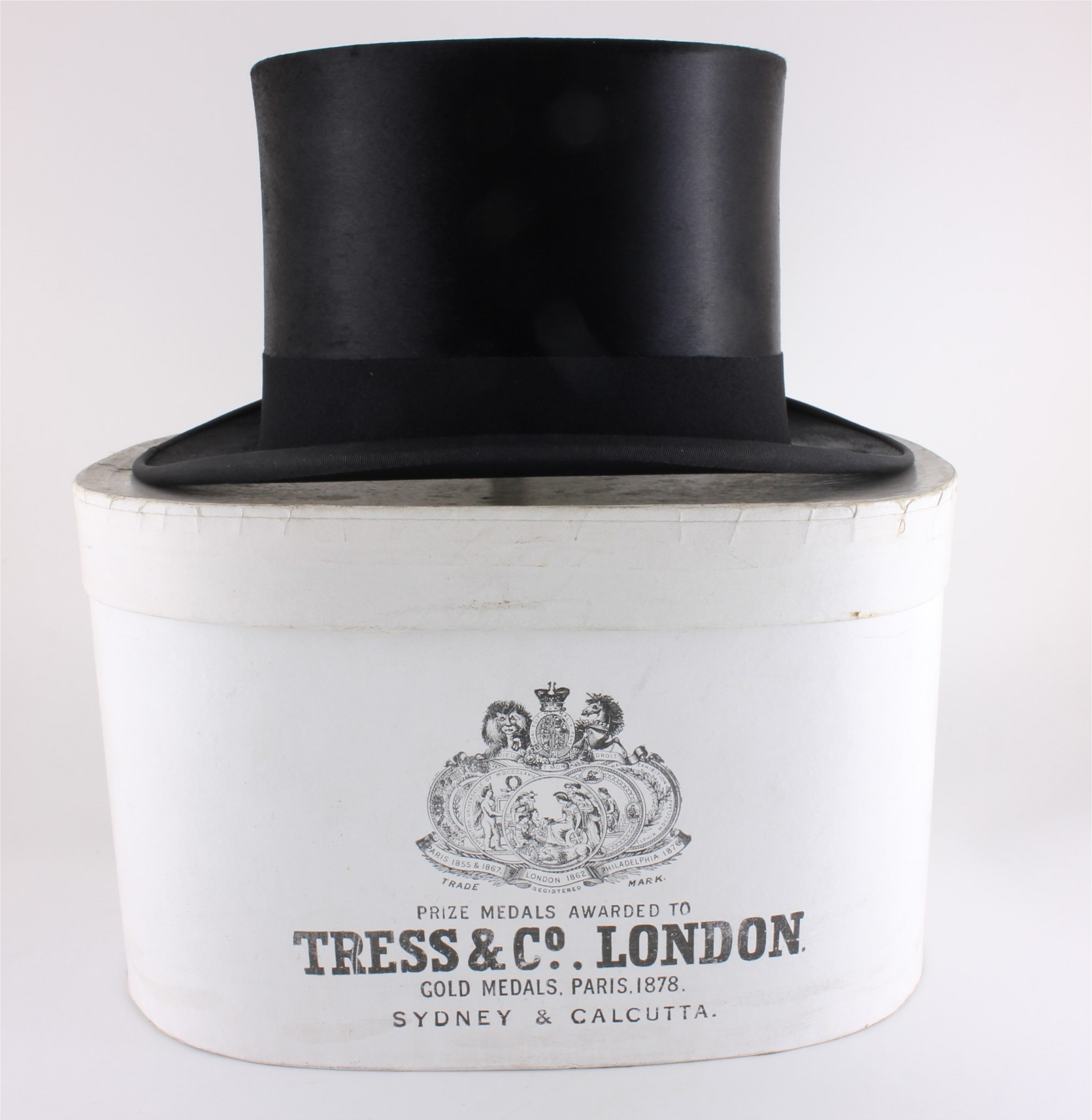 Antique Black Plush Silk Top Hat in Box. Tress & Co. c1920. Size UK 7.