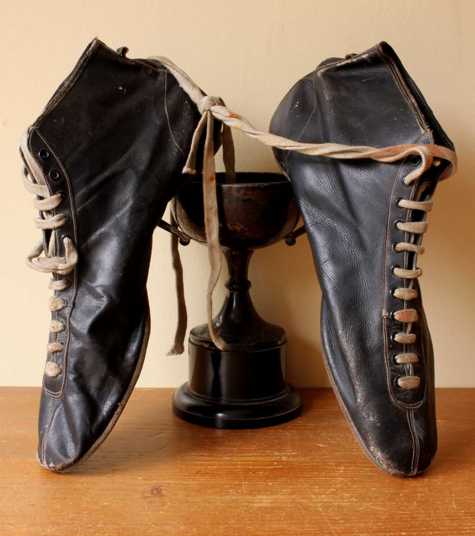 Vintage Black Leather Boxing Boots. Antique Shoes. c1930. Mancave, Gym.