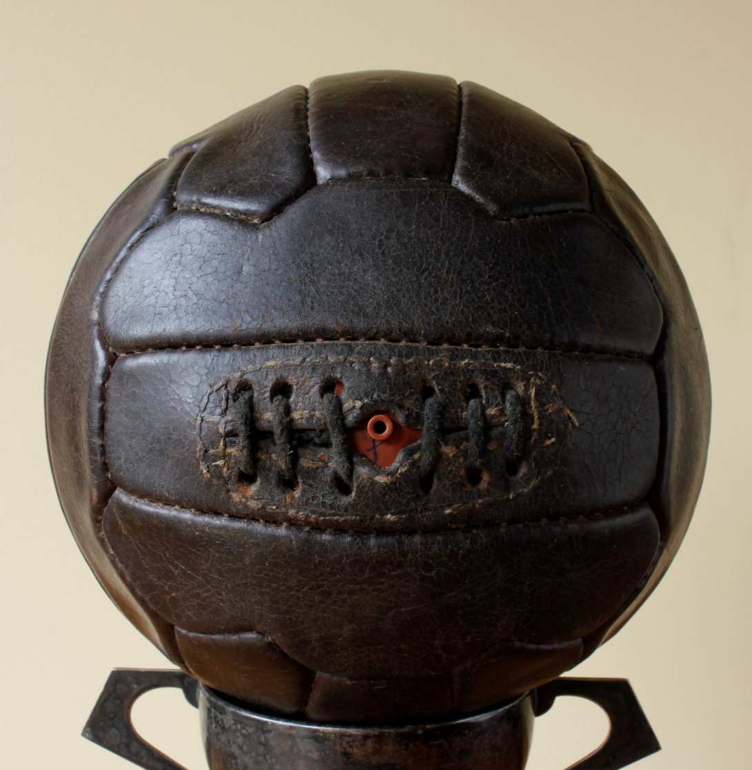 Vintage Leather Football. 18 Zig Zag Panel Laced Soccer Ball. c1950.