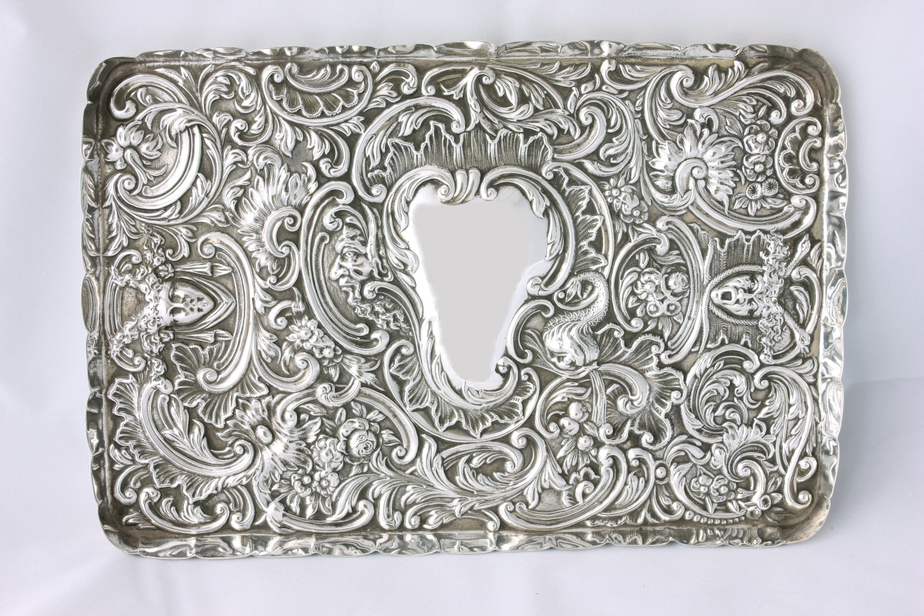 Silver Dressing Table Tray. Antique Repousse Trinket Dish. William