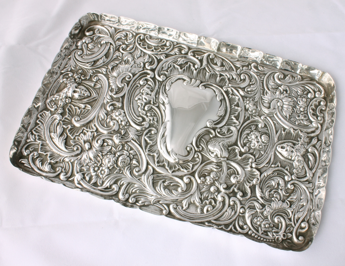Silver Dressing Table Tray. Antique Repousse Trinket Dish. William