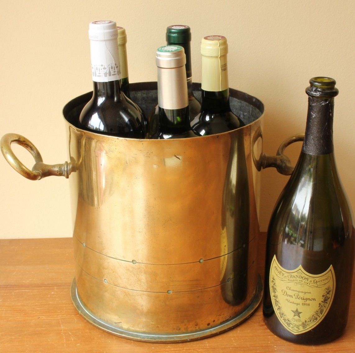 Large Brass Wine Champagne Ice Bucket Cooler. Antique 1914 WW1 Trench