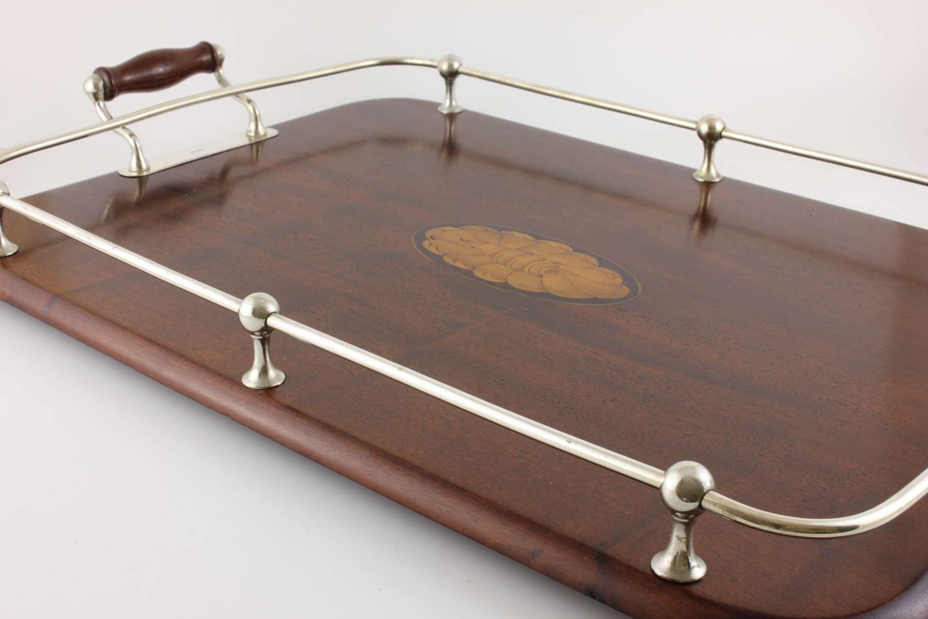 Silver Plate & Wood Gallery Tray. Large Shell Inlay Cocktail Tray 1900.