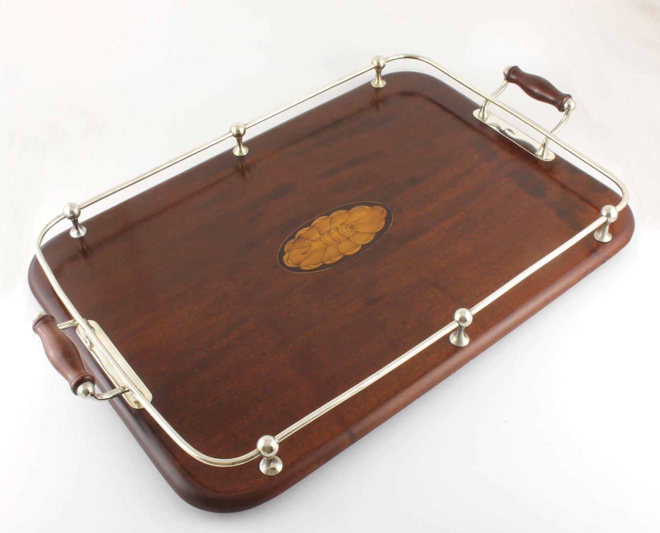 Silver Plate & Wood Gallery Tray. Large Shell Inlay Cocktail Tray 1900.